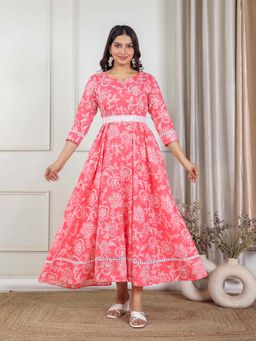 ARAMYA - Peach Soft Cotton Anarkali Floral Print Dress with Belt (Set of 2)