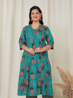 ARAMYA - Soft Cotton Flared Floral Print Kurta
