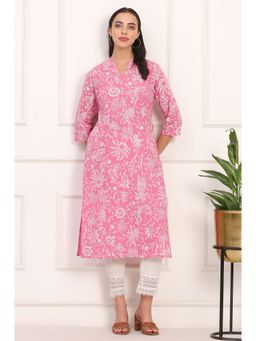 W - Floral Printed Lurex-Embellished Straight Cotton Lurex Pink Kurta