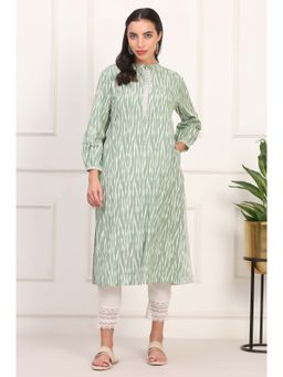 W - Ikat Printed A-Line Pure Cotton New Sage Green Kurta