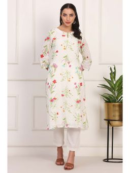 W - Floral Printed Straight Pure Cotton Ecru Kurta
