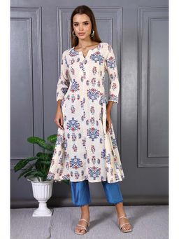 W - Floral Printed Lace White Pure Cotton Flared Kurta