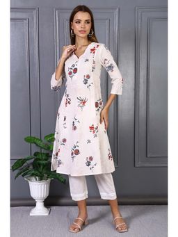 W - Off White Floral Printed Pure Cotton Flared Kurta