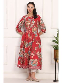 W - Floral Printed Flared Pure Cotton Kurta Red Kurta