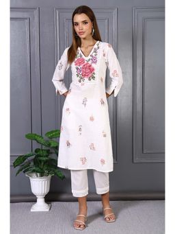 W - Floral Printed Thread Embroidery Pure Cotton Straight Kurta