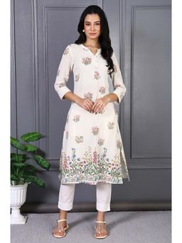 W - Floral Printed White Pure Cotton Straight Kurta