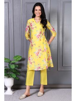 W - Yellow Floral Printed Lace Chanderi Flared Kurta