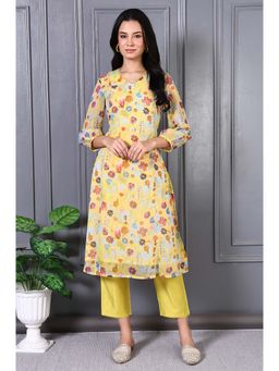 W - Yellow Floral Printed Lace Chiffon A-Line Kurta