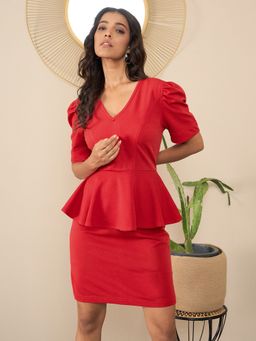 StyleStone - Womens Red Polyester Bodycon Peplum Style Mini Dress