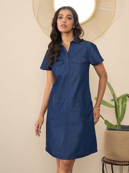 StyleStone - Womens Denim Knee Length Dress with Pockets