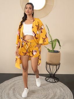 StyleStone - Womens Yellow Printed Shrug and Shorts & Crop Top