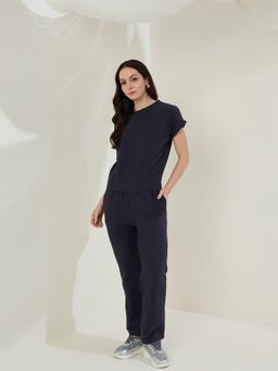 StyleStone - Womens Navy Blue Ribbed Cotton Co-Ord Set