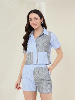 StyleStone - Womens Blue Contrast Stripe Co-Ord Set