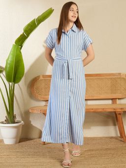 StyleStone - Womens Blue Striped Maxi Dress with Belt