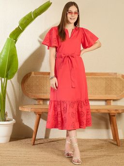 StyleStone - Womens Red Cotton Schiffli Midi Dress with Belt