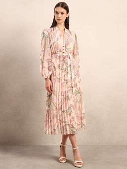 VERO MODA - Peach Floral Pleated Midi Dress with Belt