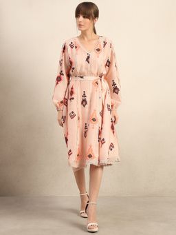 VERO MODA - Pink Printed Knee length Dress with Belt