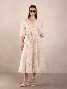 VERO MODA - Ecru Floral Midi Dress with Belt