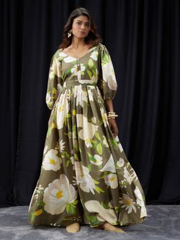 Globus - Women Green V-Neck Puff Sleeves Floral Print Fit and Flare Maxi Dress With Belt