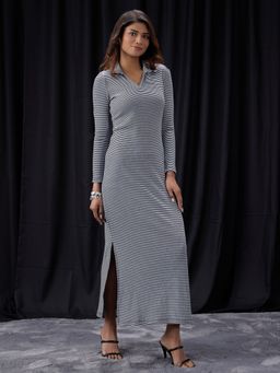 Globus - Women Black Collared Neck Long Sleeves Striped Maxi Bodycon Dress
