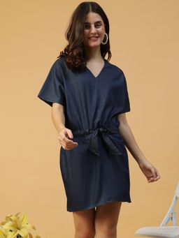 Oxolloxo - Women Blue V-Neck Short Sleeve Elasticated Waist Tie-Knot Mini Dress