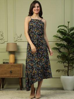 Oxolloxo - Women Black Floral Shoulder Strap High Low Sleeveless Long Maxi Dress