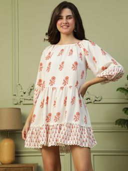 Oxolloxo - Women Off White Floral Print Round Neck Long Sleeve Above Mini Dress