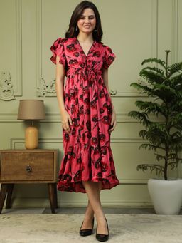 Oxolloxo - Women Red Floral Print V-Neck Short Ruffle Sleeve Long Flare Midi Dress