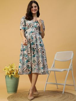 Oxolloxo - Women Grey Floral Print V-Neck Elasticated midi Dress