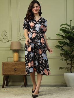 Oxolloxo - Women Black Floral Print V-Neck Elasticated midi Dress
