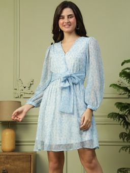 Oxolloxo - Women Blue V-Neck Printed Long Sleeve Waist Mini Wrap Dress