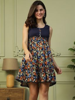 Oxolloxo - Women Blue Floral Print Round Neck Button Detail Sleeveless Mini Dress
