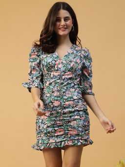 Oxolloxo - Women Multi-Color Floral Print V-Neck Short Sleeve and Ruffle Detail Mini Dress