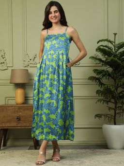Oxolloxo - Women Green Floral Print Shoulder Strap Sleeveless Long Maxi Dress