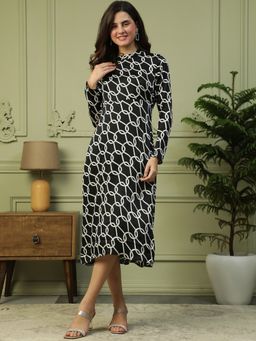 Oxolloxo - Women Black Printed Round Neck Midi Dress With Concealed Side Zip Line