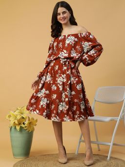 Oxolloxo - Women Rust Floral Elasticated waist With Tie-Up Belt Below Knee Length Dress
