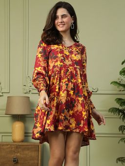 Oxolloxo - Women Red Floral Print Round Neck Long Sleeve Flare Above Knee Length Dress