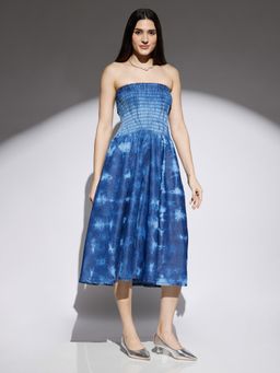 Globus - Women Light Blue Strapless Tie-dye Smocked Fit and Flare Midi Party Denim Dress