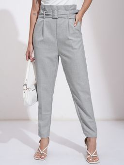 TOKYO TALKIES - Women Grey Solid Formal Trouser with Belt (Set of 2)