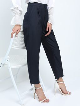 TOKYO TALKIES - Women Navy Blue Solid Formal Trouser