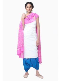 Unnati Silks - Unstitched White Pure Chettinad Cotton Salwar Kameez (Set of 3)