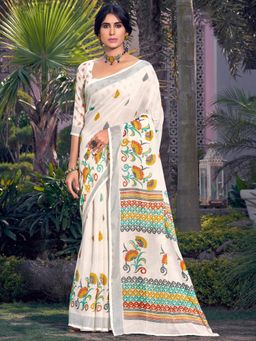 Akhilam - Womens Pure Linen Off White Printed Designer Saree with Unstitched Blouse