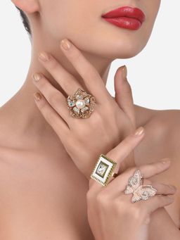 Zaveri Pearls - Set of 3 Gold & Rose Gold Contemporary Adjustable Finger Rings-ZPFK13395