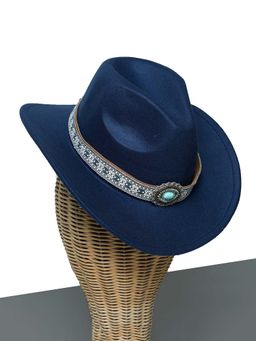 CHOKORE - Unisex Ethnic Tibetan Style Solid Navy Blue Cowboy Hat