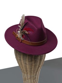 CHOKORE - Unisex Chic Feathered Jazz Solid Burgundy Fedora Hat