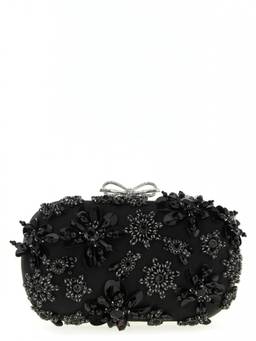 self-portrait - Black Floral Crystal Clutch