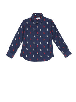 U.S. POLO ASSN. - Boys Navy Spread Collar Logo Print-Shirt