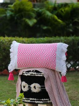 Revive Home - Hand Woven Cushion Cover With Tassels And Fringes In Pink And White