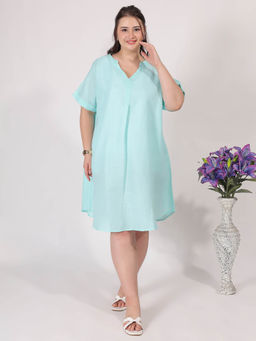 Qurvii - Turquoise A-Line Cotton Knee Length Dress