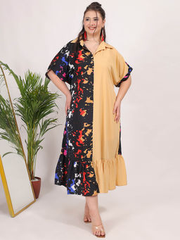 Qurvii - Contrast Printed Ruffle Hem Dress